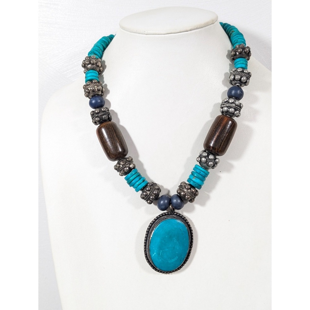 Beachy Boho Tribal Blue Oval Concho Pendant Statement Necklace 21 in
